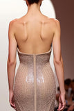 Sparkly Champagne Strapless Mermaid Maxi Backless Evening Dress