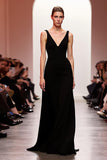 Black Backless Double V-Neck Sheath Maxi Evening Dress
