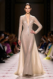 Sparkly Champagne Mermaid Long Sleeves Open Back Evening Dress