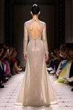 Sparkly Champagne Mermaid Long Sleeves Open Back Evening Dress