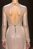 Sparkly Champagne Mermaid Long Sleeves Open Back Evening Dress