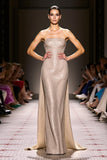 Sparkly Champagne Sheath Strapless Maxi Evening Dress