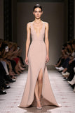 Maxi Champagne Satin Deep V-Neck Mermaid Evening Dress with Slit