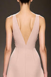 Maxi Champagne Satin Deep V-Neck Mermaid Evening Dress with Slit