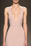 Maxi Champagne Satin Deep V-Neck Mermaid Evening Dress with Slit