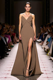 Coffee Satin Strapless Maxi Evening Dress with Slit