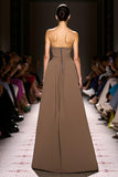 Coffee Satin Strapless Maxi Evening Dress with Slit