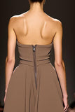 Coffee Satin Strapless Maxi Evening Dress with Slit