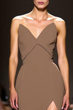 Coffee Satin Strapless Maxi Evening Dress with Slit