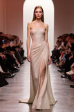 Champagne Sheath Sparkly Sequined Maxi Evening Dress with Slit
