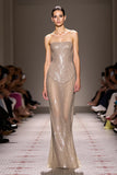 Champagne Strapless Sheath Maxi Sparkly Sequined Evening Dress