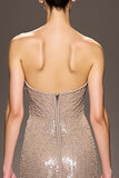 Champagne Strapless Sheath Maxi Sparkly Sequined Evening Dress