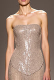 Champagne Strapless Sheath Maxi Sparkly Sequined Evening Dress