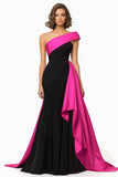 Black and White Satin Mermaid Maxi Evening Dress with Ruffles