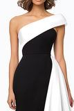 Black and White Satin Mermaid Maxi Evening Dress with Ruffles
