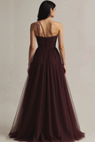 Burgundy One Shoulder Tulle A Line Maxi Evening Dress