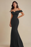 Black Off the Shoulder Satin Maxi Mermaid Evening Dress
