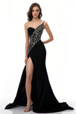 Sparkly Black Satin Mermaid One Shoulder Maxi Evening Dress with Slit