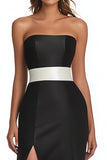 Black Satin Strapless Mermaid Maxi Evening Dress with Slit