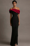 Black and Pink Off the Shoulder Sheath Satin Maxi Evening Dress