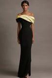Black and Pink Off the Shoulder Sheath Satin Maxi Evening Dress