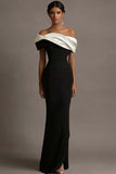 Black and Pink Off the Shoulder Sheath Satin Maxi Evening Dress