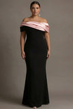 Black and Pink Plus Size Off the Shoulder Sheath Satin Maxi Evening Dress
