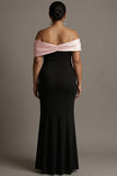Black and Pink Plus Size Off the Shoulder Sheath Satin Maxi Evening Dress