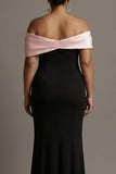 Black and Pink Plus Size Off the Shoulder Sheath Satin Maxi Evening Dress