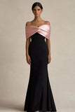 Black and Pink Off the Shoulder Mermaid Maxi Satin Evening Dress