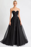 Black A Line Tulle Maxi Evening Dress with Appliques