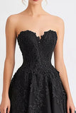 Black A Line Tulle Maxi Evening Dress with Appliques