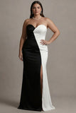 Black and White Strapless Plus Size Patchwork Satin Maxi Evening Dress with Slit