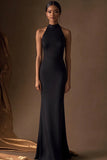 Black Sheath Satin High Neck Maxi Evening Dress