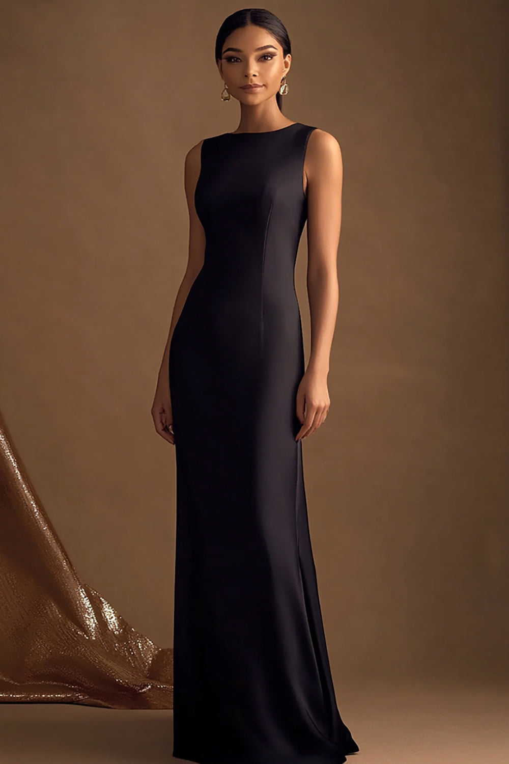 Leely Women Black Satin Maxi Evening Dress Boat Neck Sheath Sleeveless Formal Dress leelyuk Leely Women Black Satin Maxi Evening Dress Boat Neck Sheath Sleeveless Formal Dress leelyuk