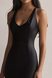 Black Satin Sheath Maxi Evening Dress with Slit