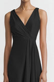 Black Satin A Line V-Neck Ruched Maxi Evening Dress