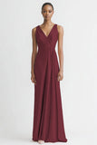 Black Satin A Line V-Neck Ruched Maxi Evening Dress