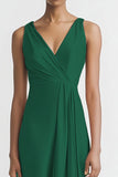 Black Satin A Line V-Neck Ruched Maxi Evening Dress