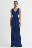 Black Satin A Line V-Neck Ruched Maxi Evening Dress