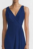 Black Satin A Line V-Neck Ruched Maxi Evening Dress