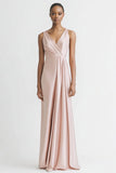 Black Satin A Line V-Neck Ruched Maxi Evening Dress