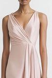 Black Satin A Line V-Neck Ruched Maxi Evening Dress