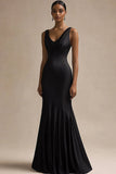 Black Satin V-Neck Maxi Mermaid Evening Dress