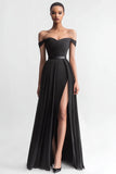 Black Off the Shoulder A Line Maxi Evening Dress with Slit