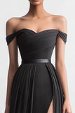 Black Off the Shoulder A Line Maxi Evening Dress with Slit