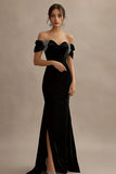 Black Ruched Off the Shoulder Maxi Evening Dress with Slit