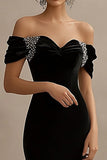 Black Ruched Off the Shoulder Maxi Evening Dress with Slit