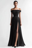 Black Chiffon A Line Maxi Evening Dress with Slit
