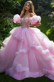 Pink Ball Gown Princess Tulle Ruffled Maxi Quinceanera Dress with Beading